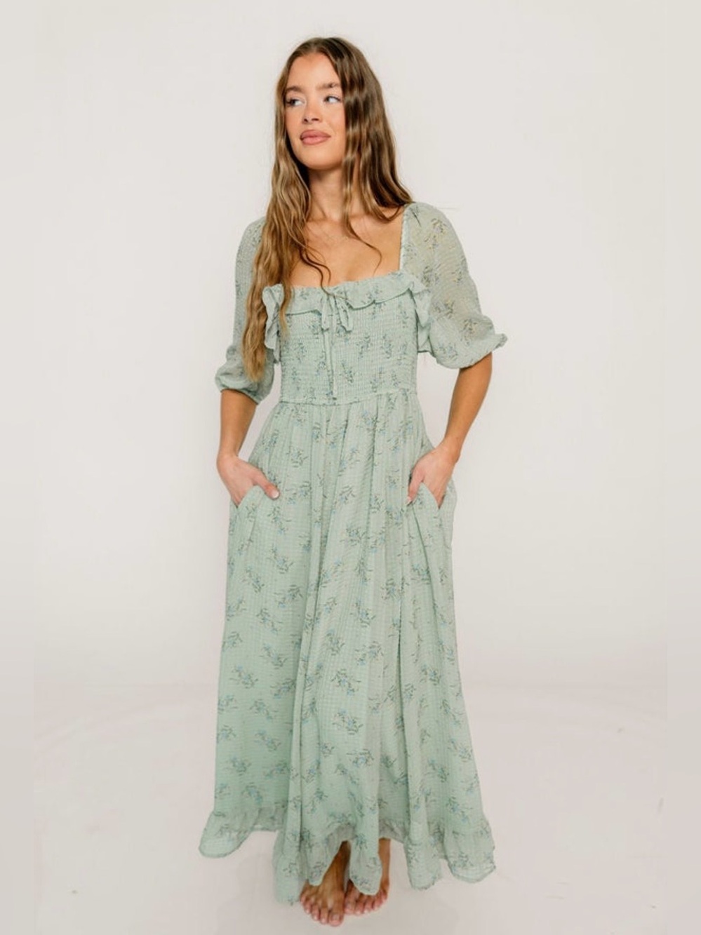 Elle Smocked Floral Ruffle Maxi Dress in Green Tea Floral NWOT - Picture 1 of 3